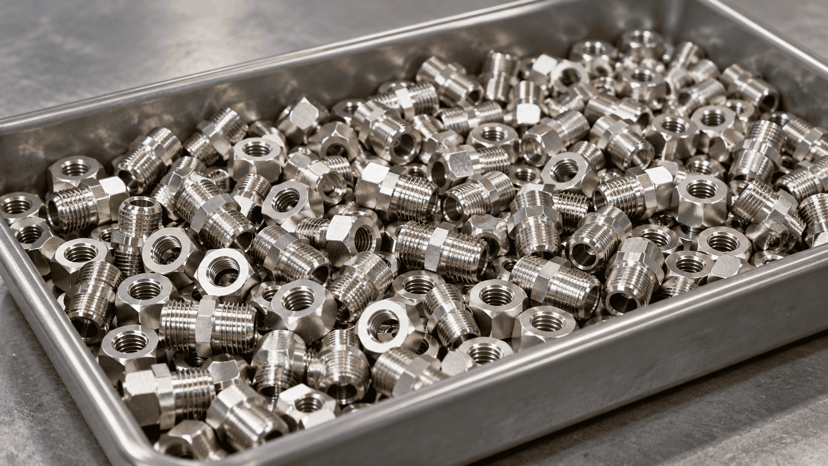 Illustrative small threaded metal fittings in a tray for a barrel nickel plating article