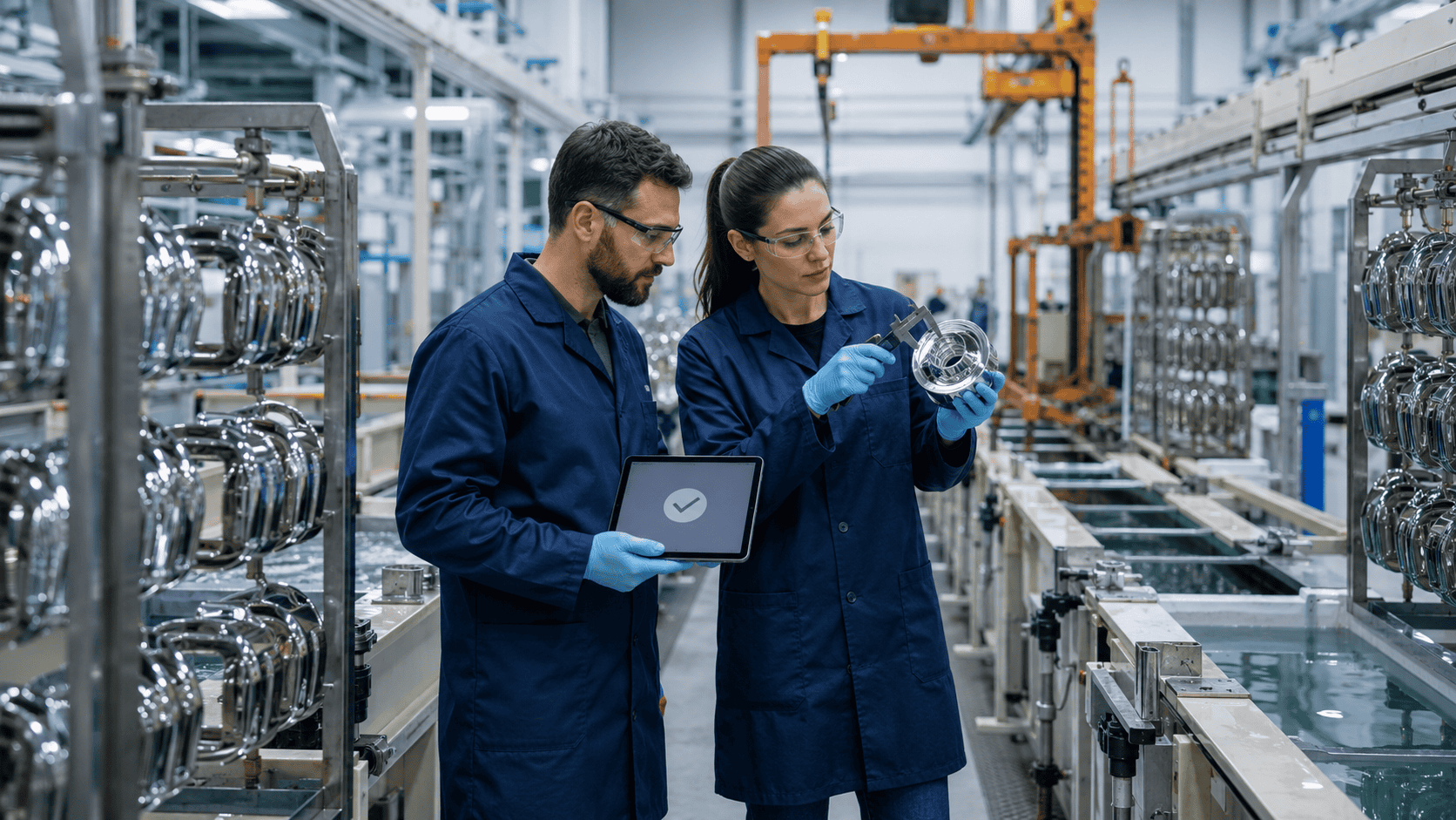 Technicians inspect a plated component beside an automated plating line
