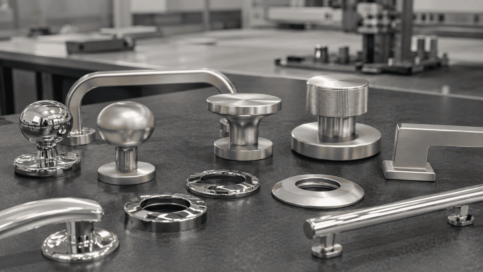 Hardware components showing bright and satin decorative nickel finishes