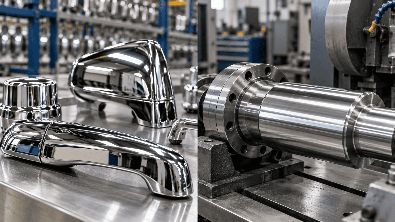 Illustration comparing decorative chrome automotive trim with a hard-chrome industrial shaft