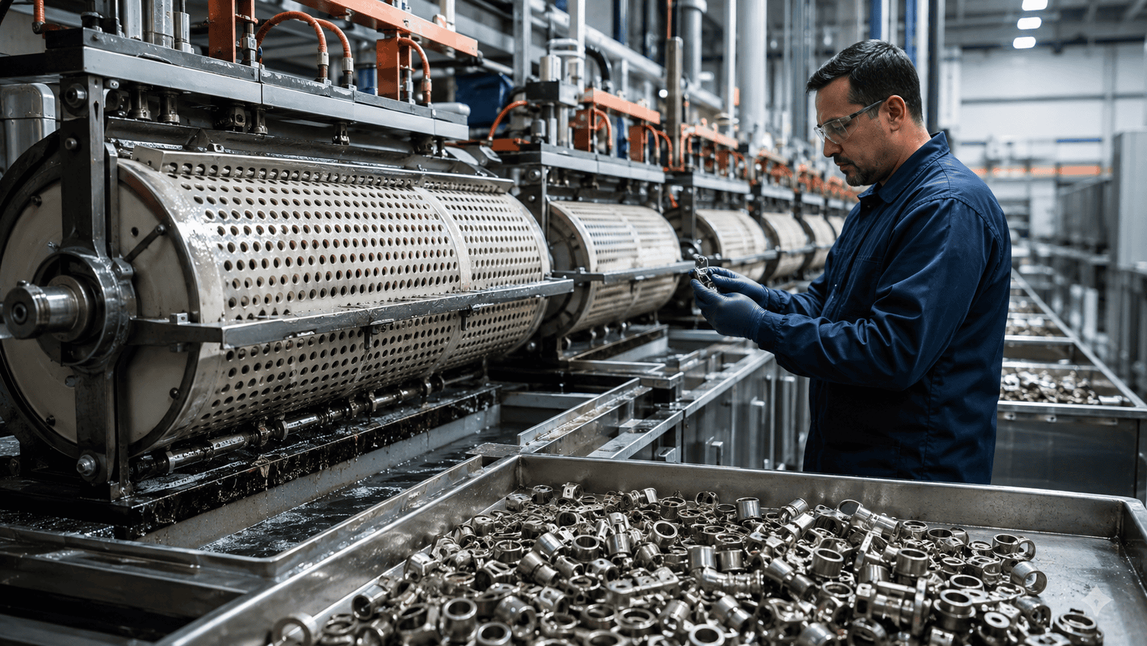 Technician inspects small metal components beside barrel plating equipment
