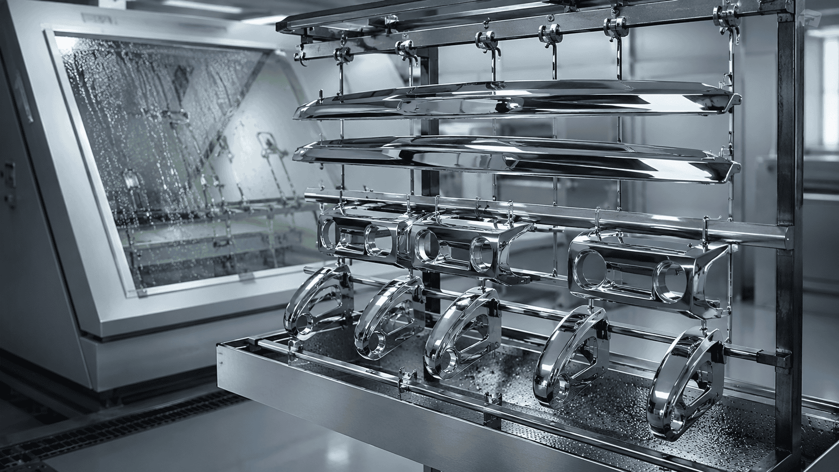 Bright chrome-plated trim components suspended on a plating rack beside a test chamber.