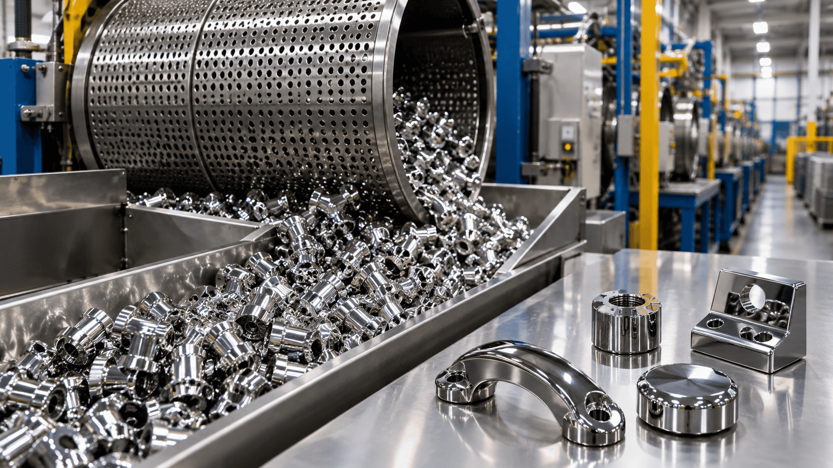 Small bright-finished metal components spilling from a perforated plating barrel, with sample parts in the foreground.